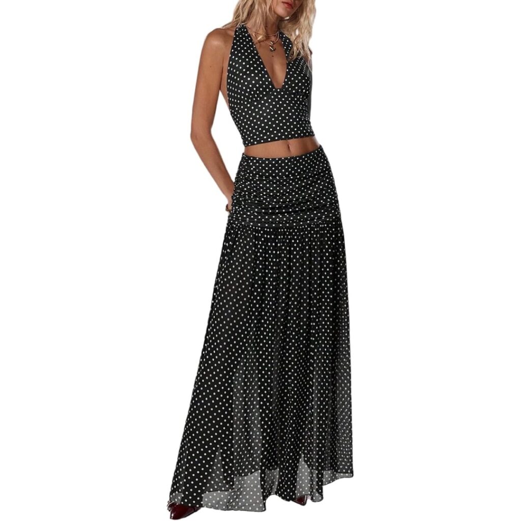 Polka Dots Halter Crop Tops and Maxi Skirt